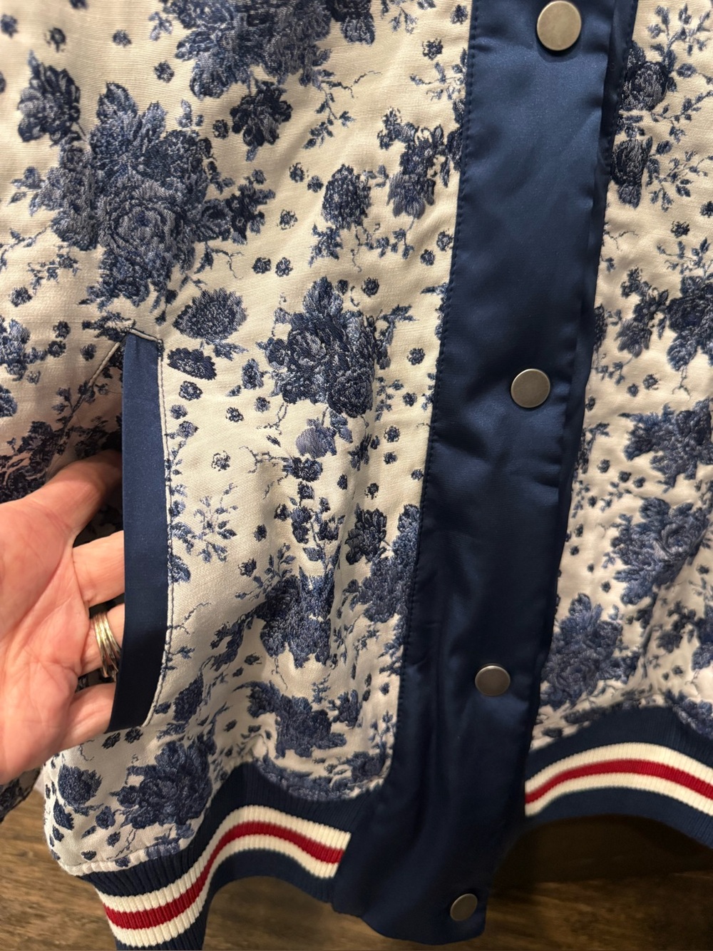 Maeve Floral Quilted Bomber Jacket in Navy & White - Picture 12 of 15